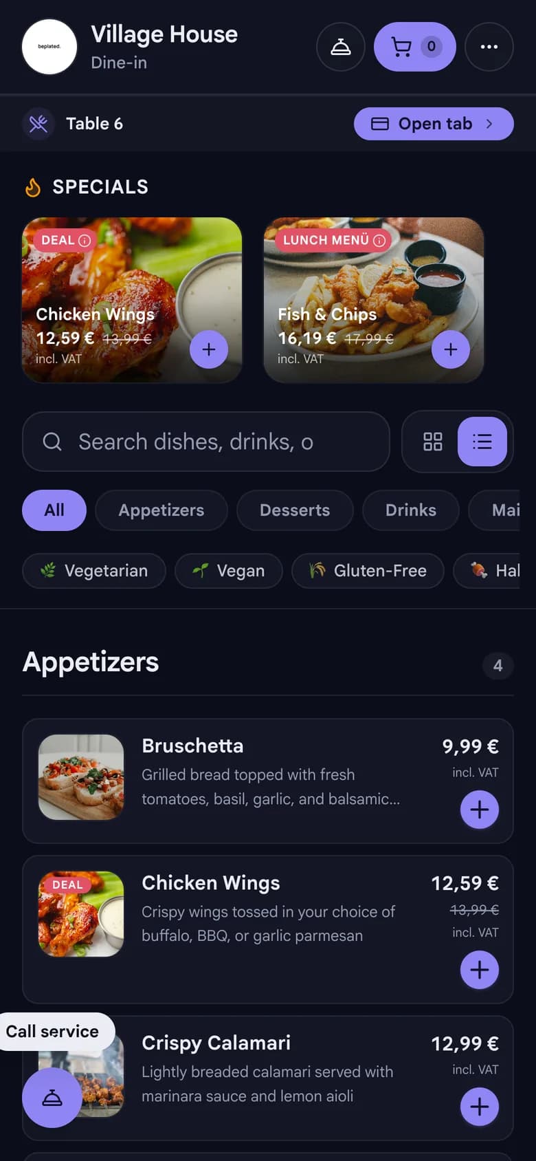 beplated guest menu on a phone at Village House