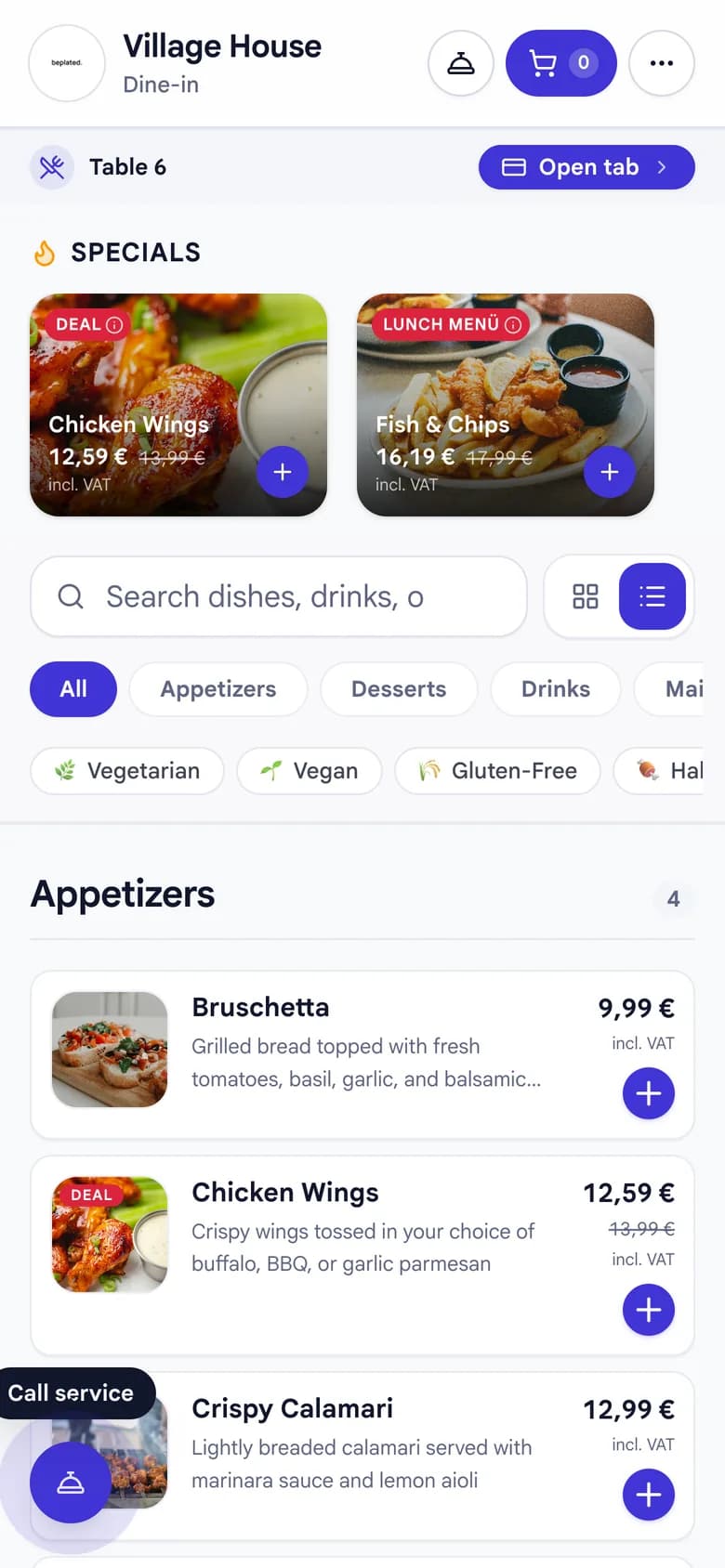 beplated guest menu on a phone at Village House