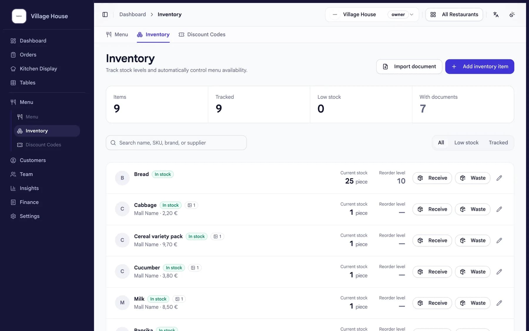 beplated inventory with stock levels