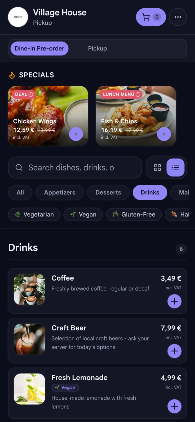 beplated online menu set to pickup