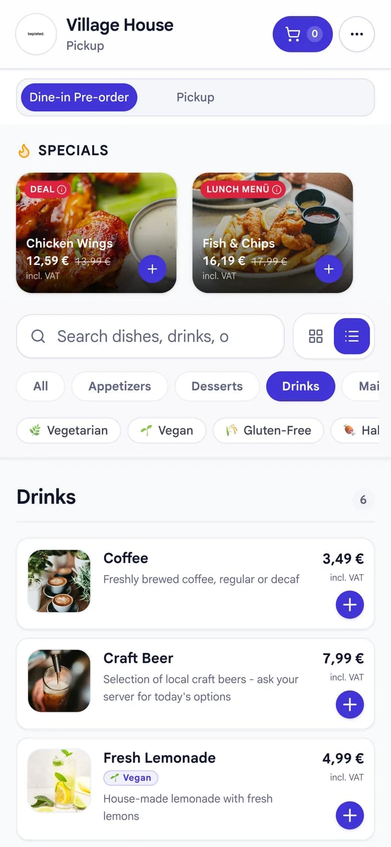 beplated online menu set to pickup
