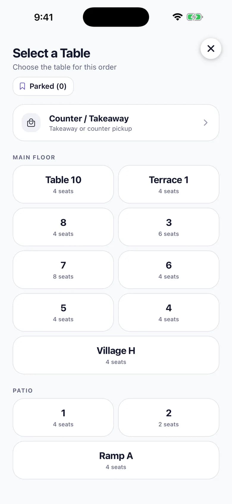 beplated operator app showing the tables and a counter option