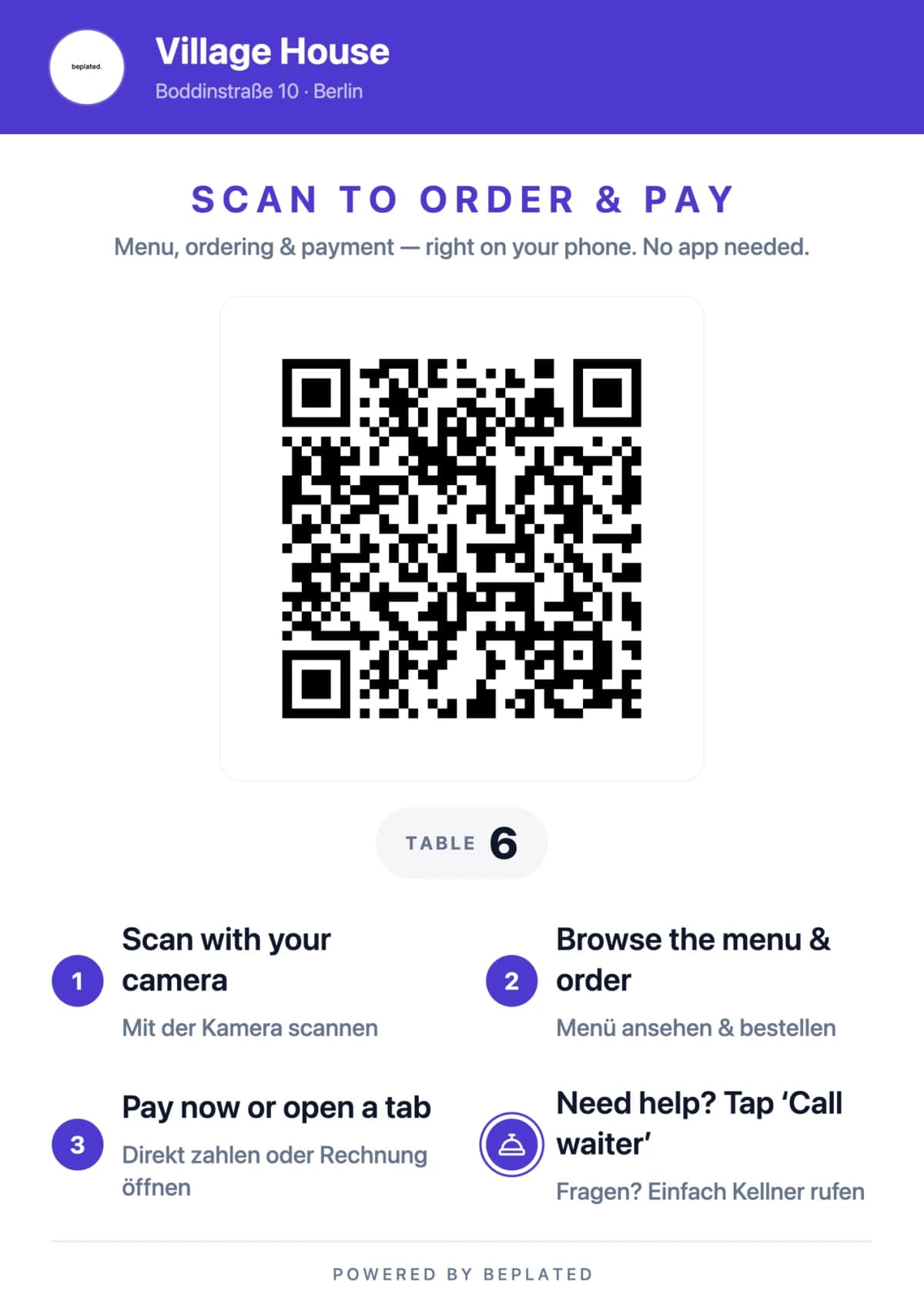 beplated demo QR card for Village House, table 6