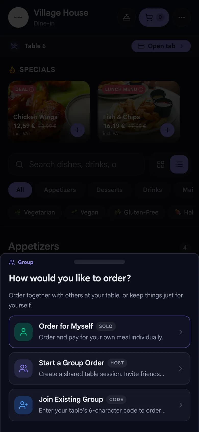 beplated guest screen: order for yourself, start a group or join one