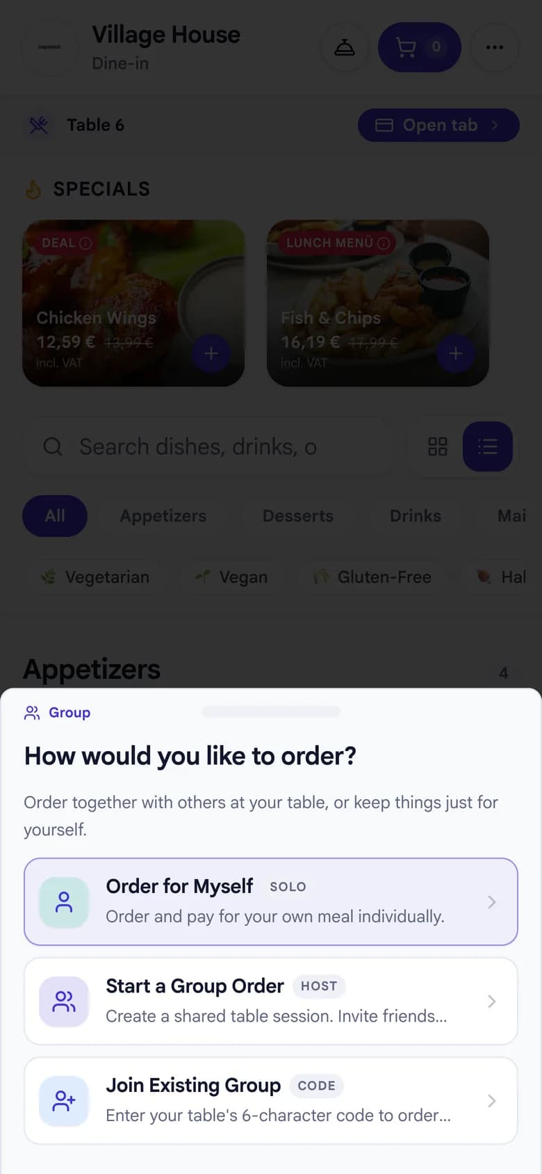 beplated guest screen: order for yourself, start a group or join one