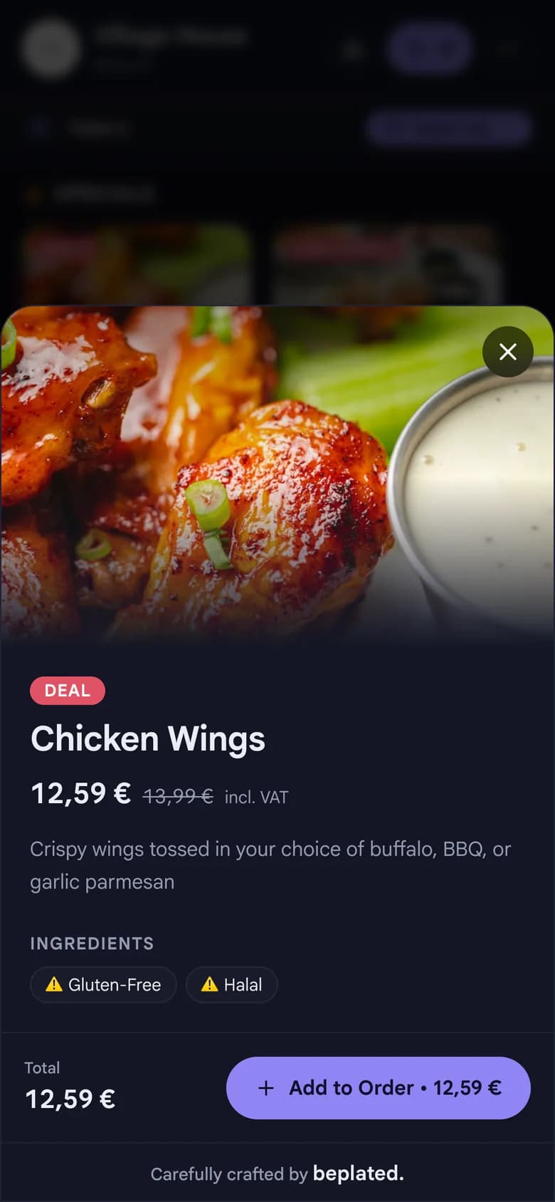 beplated guest menu with a dish, its price and Add to order