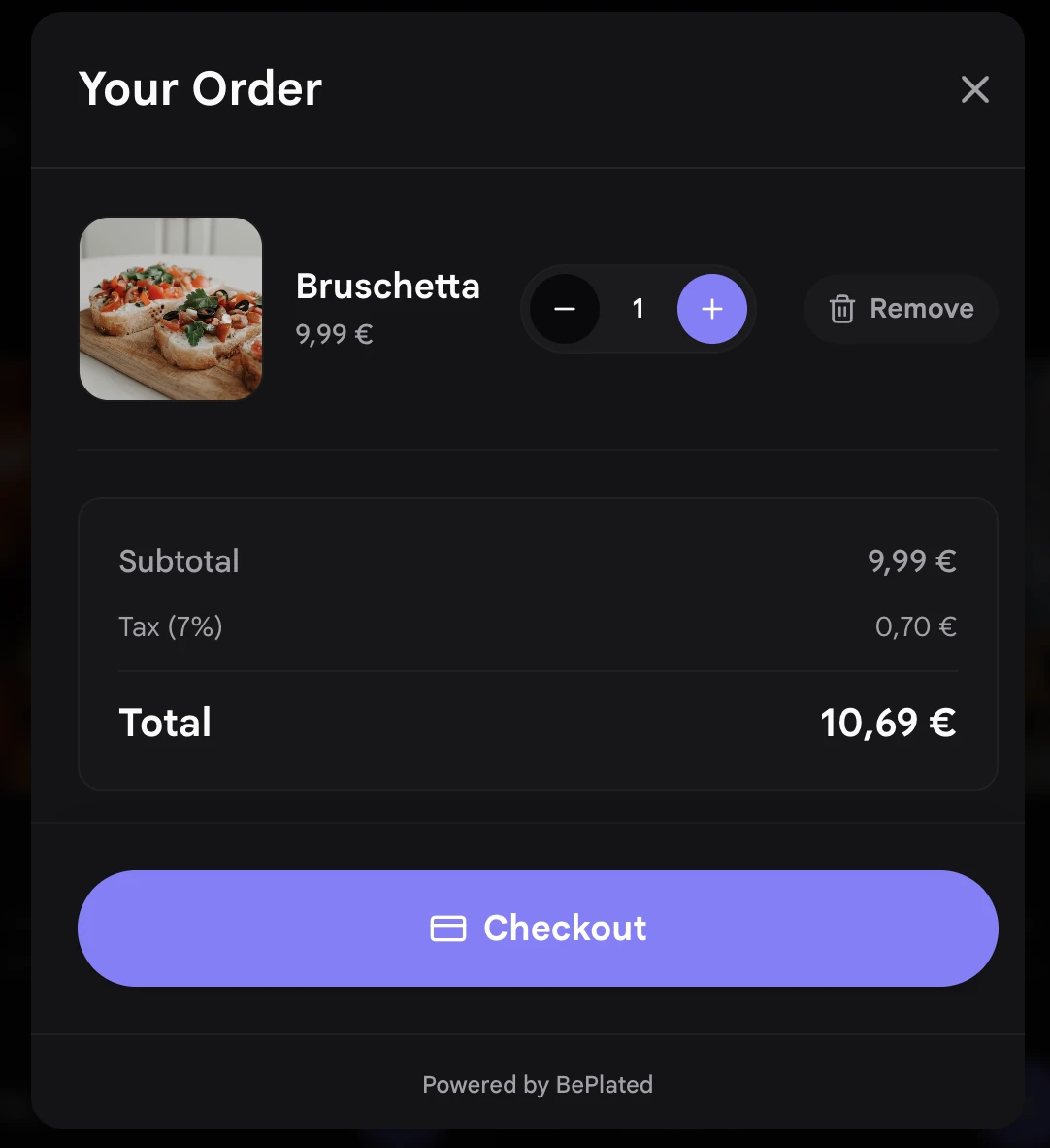 Beplated cart screen showing order summary and checkout button