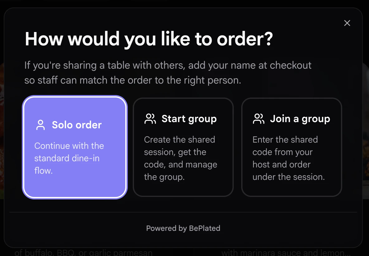 Beplated group ordering options showing solo order, start group, and join a group