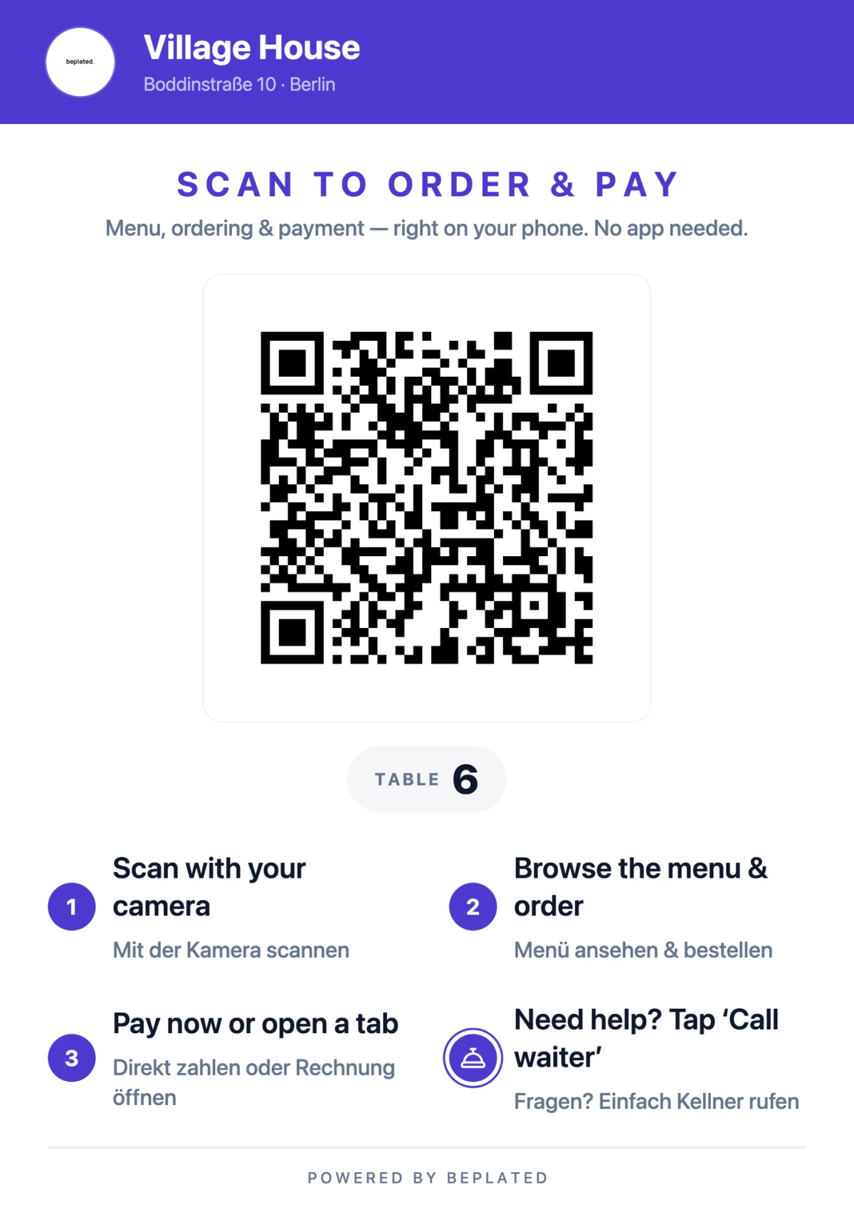 beplated demo QR card for Village House, table 6
